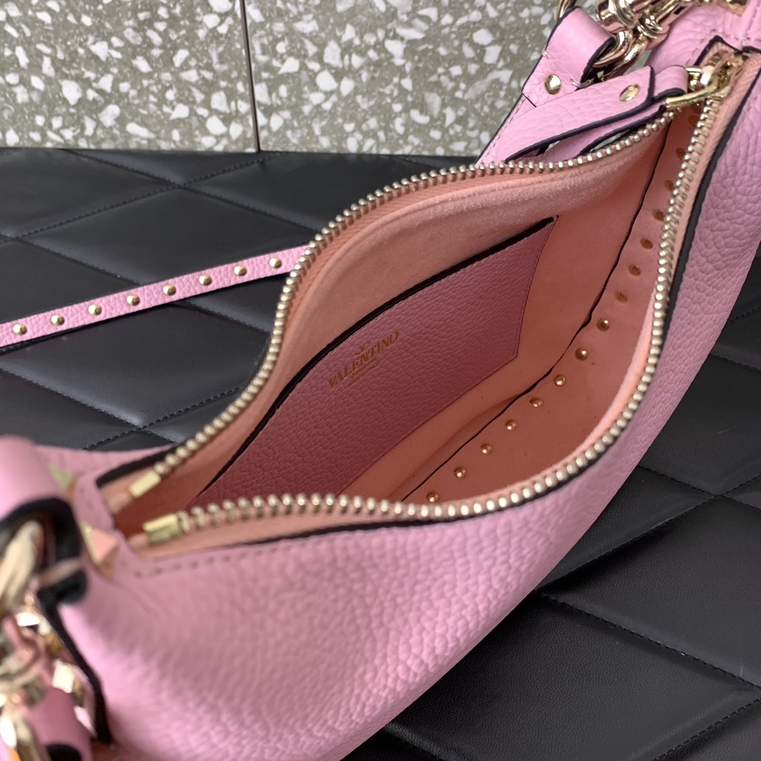 Valentino Garavani Rockstud Small Hobo Bag in Pink Grainy Calfskin